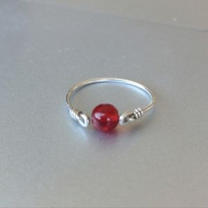 Handmade dainty delicate silver ring with ruby red stone, size 6.5